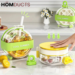 Round Beverage Dispenser & Ice Cube Maker Set – Cool Summer Portable Juice Jug with Handle Straw & Manual Ice Press Lid