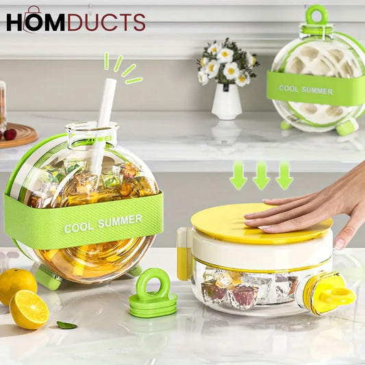 Round Beverage Dispenser & Ice Cube Maker Set – Cool Summer Portable Juice Jug with Handle Straw & Manual Ice Press Lid