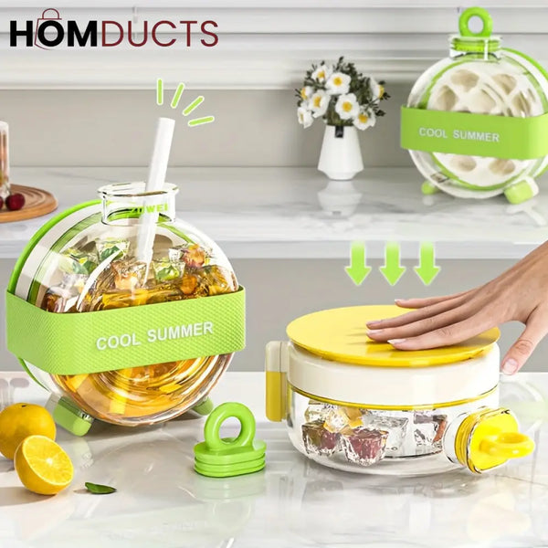 Round Beverage Dispenser & Ice Cube Maker Set – Cool Summer Portable Juice Jug with Handle Straw & Manual Ice Press Lid