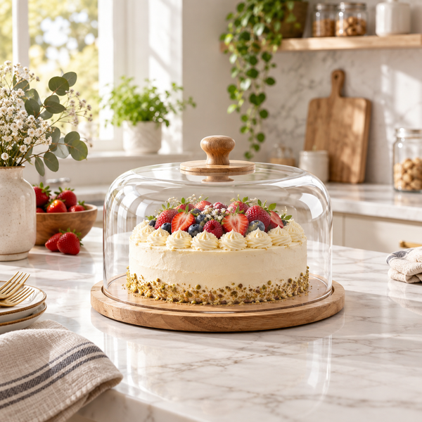 Large round cake dome with wooden base