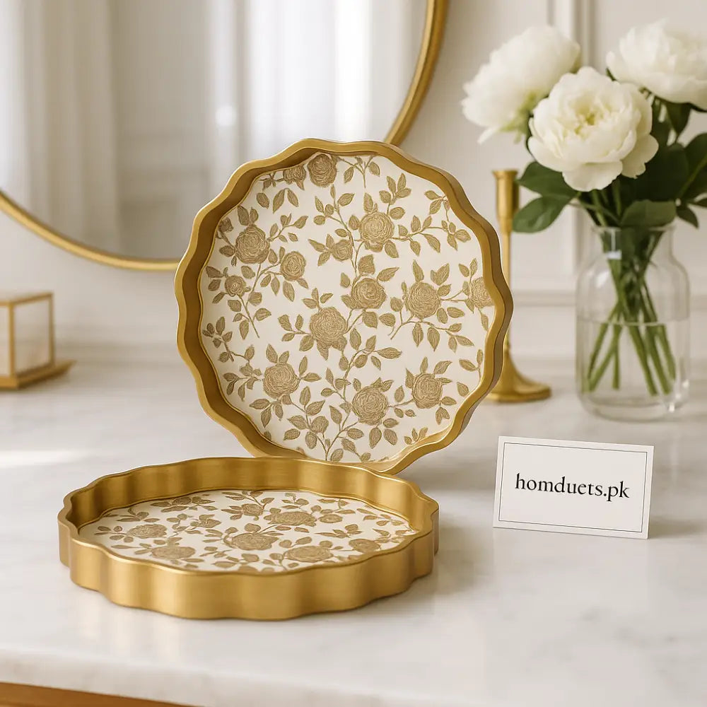 Royal Bloom Scalloped Gold Tray Set – Elegant Floral Décor Trays