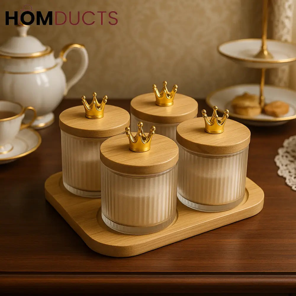 Royal Crown Spice Jar Set – Elegant Glass Storage with Wooden Lids