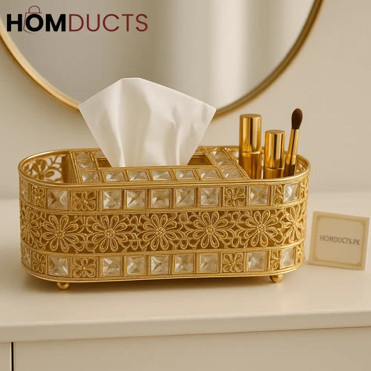 Royal Crystal Gold Tissue Box Holder with Makeup Organizer – Luxury Vanity Décor