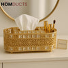 Royal Crystal Gold Tissue Box Holder with Makeup Organizer – Luxury Vanity Décor
