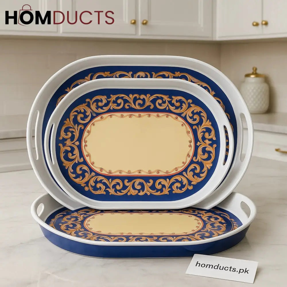 Royal Elegance 3 Piece Serving Tray Set – Oval Design with Ornate Blue & Gold Detailing