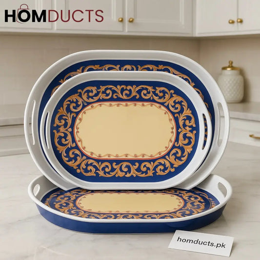 Royal Elegance 3 Piece Serving Tray Set – Oval Design with Ornate Blue & Gold Detailing