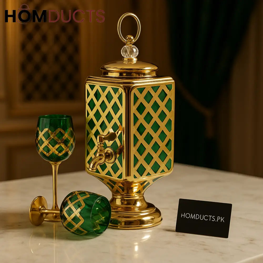 Royal Emerald Gold Beverage Dispenser Set – Luxury Crystal Glass & 6 Matching Goblets