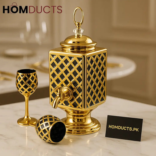 Royal Gold Lattice Beverage Dispenser Set – Luxury Drink Server with 6 Matching Glasses