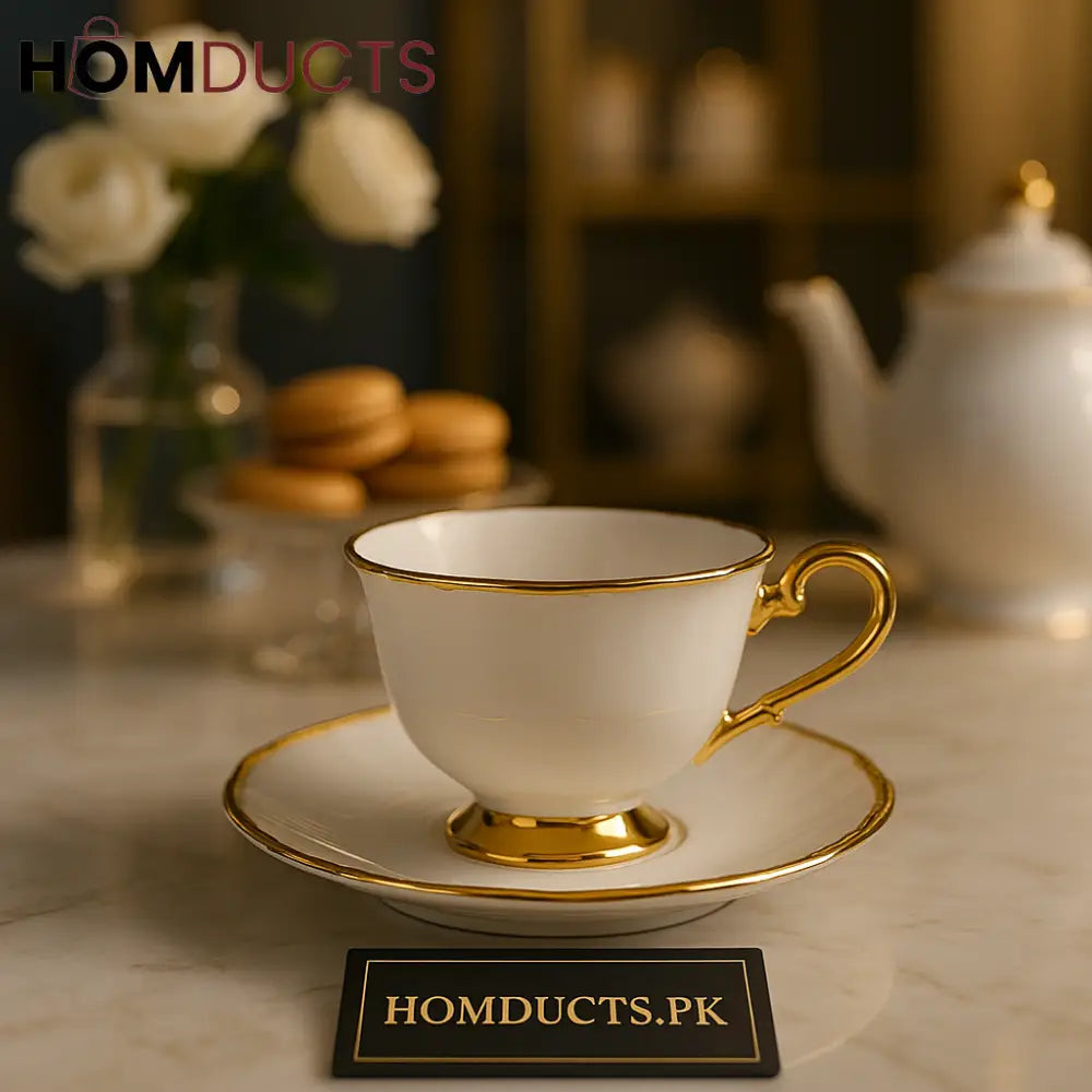 Royal Gold-Trimmed Porcelain Teacup & Saucer Set – 6-Piece Elegant Tea Collection
