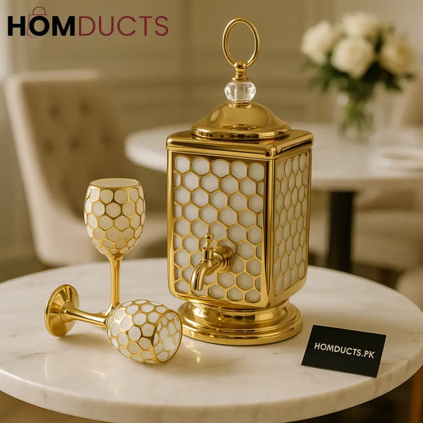 Royal Honeycomb Gold Beverage Dispenser Set with 6 Glasses – Luxury Drinkware Collection