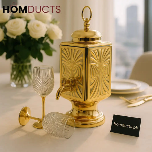 Royal Luxe Gold Beverage Dispenser with Crystal Glasses