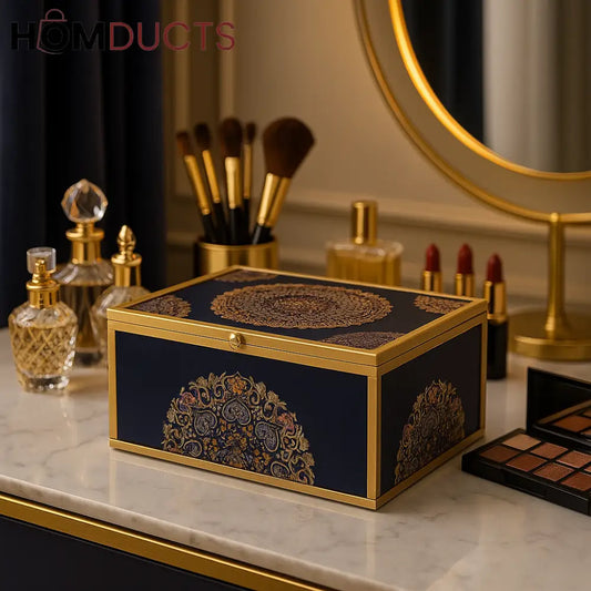 Royal Mandala Cosmetic Organizer Box – Navy Blue & Gold Luxury Vanity Storage