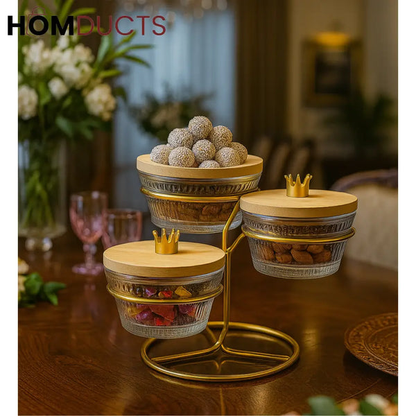 RoyalTier™ 3-Layer Glass Snack Jar Set with Gold Crown Lids