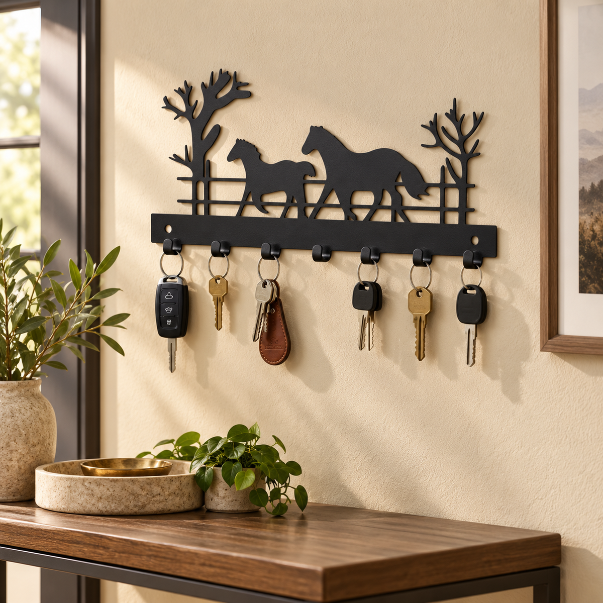 Running Horses steel wall key holder in a premium entryway