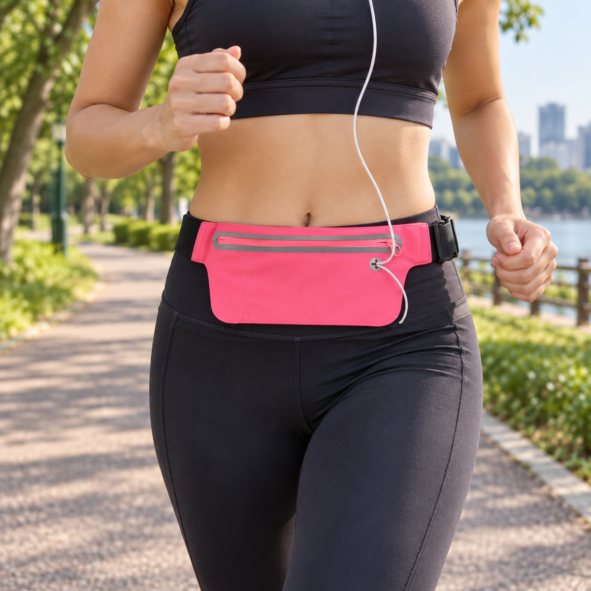 Water-resistant running waist bag with earphone port