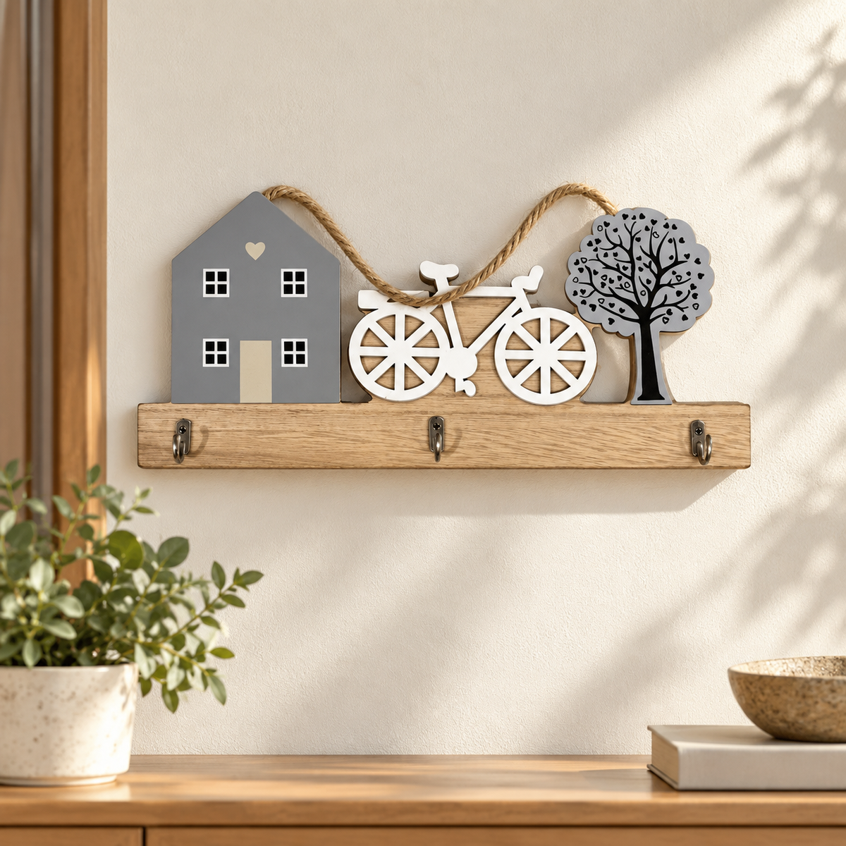 Rustic house bicycle tree wooden key holder