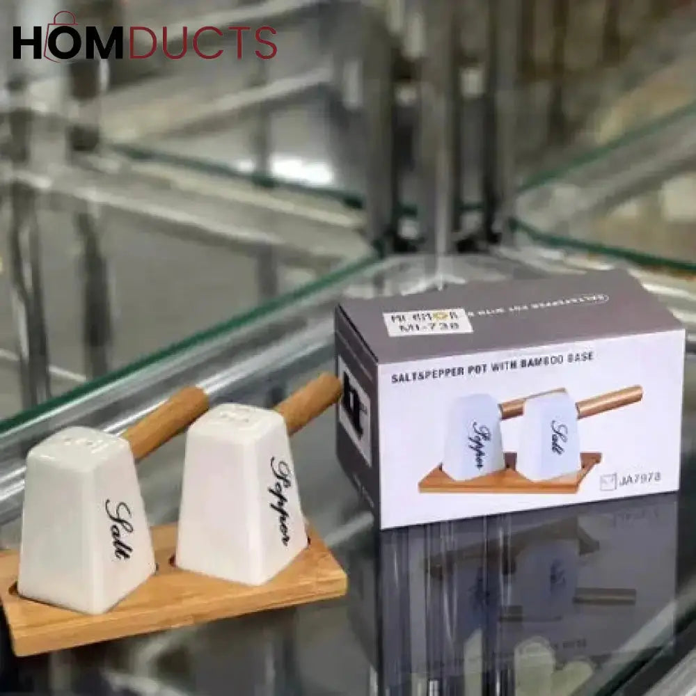 Salt & Pepper Shaker Set with Wooden Handle & Sustainable Bamboo Base