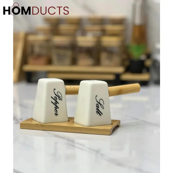 Salt & Pepper Shaker Set with Wooden Handle & Sustainable Bamboo Base