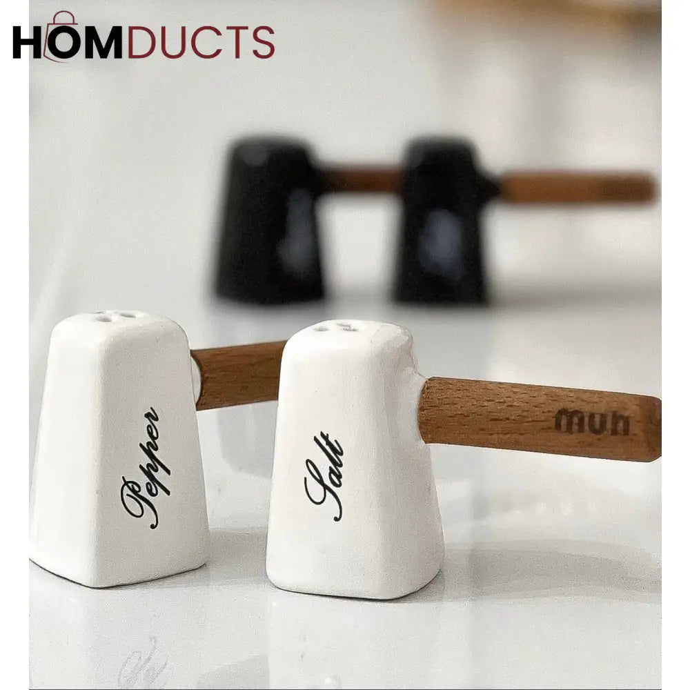 Salt & Pepper Shaker Set with Wooden Handle & Sustainable Bamboo Base