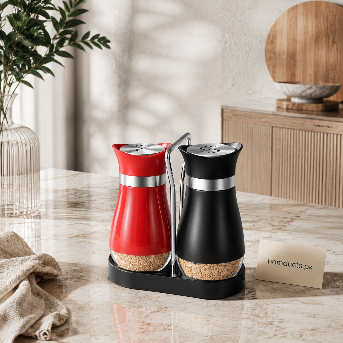 Red and black salt and pepper shaker set with stand