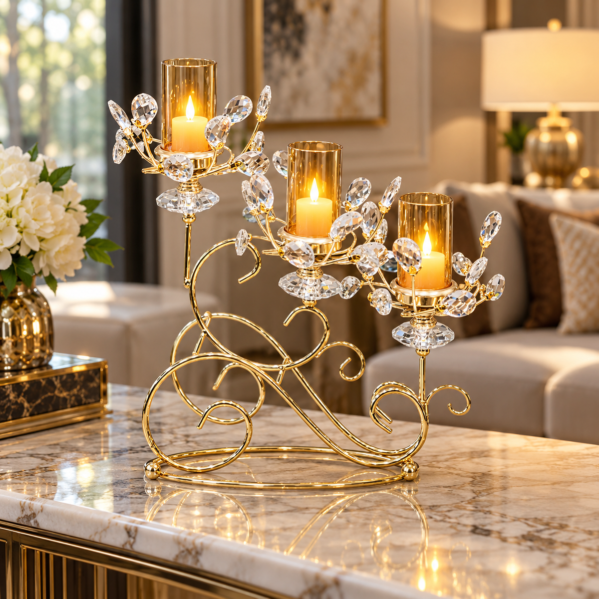 Scroll design 3-arm crystal candle holder