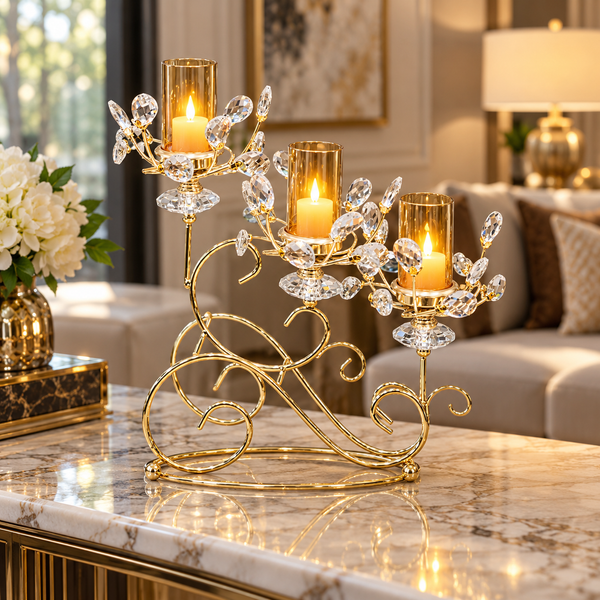Scroll design 3-arm crystal candle holder
