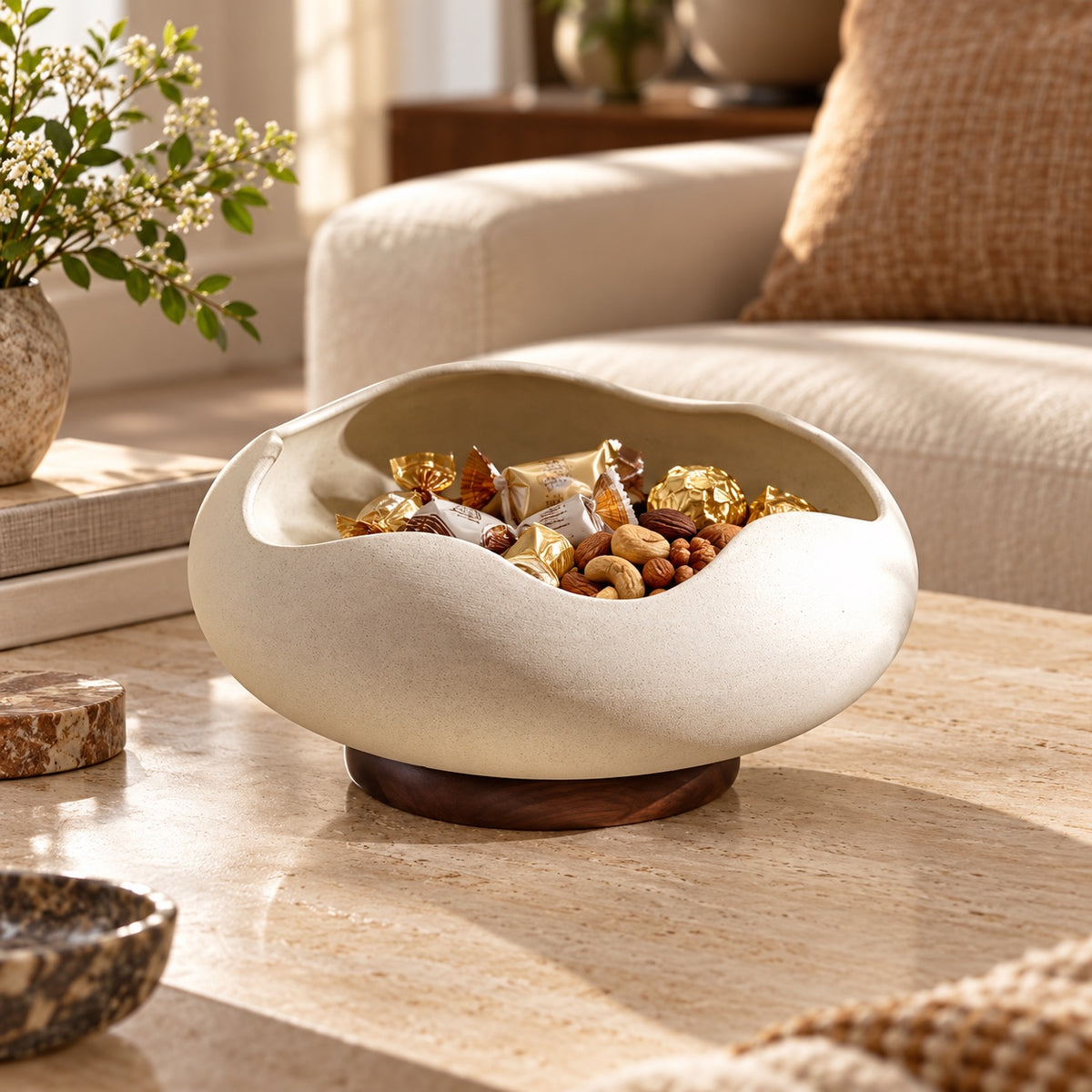 Sculptural serving bowl with wood-look base in a premium lifestyle setting
