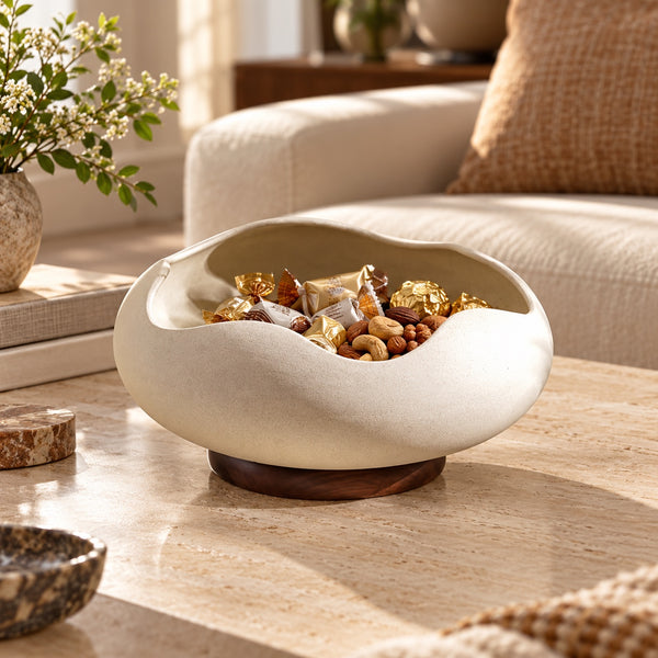 Sculptural serving bowl with wood-look base in a premium lifestyle setting