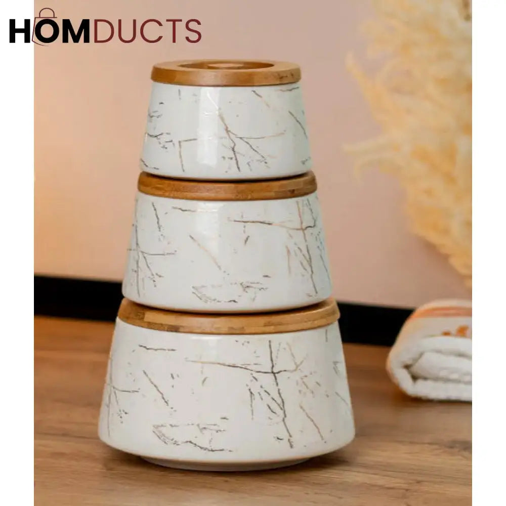 Set of 3 Ceramic Kitchen Storage Jars with Bamboo Lids