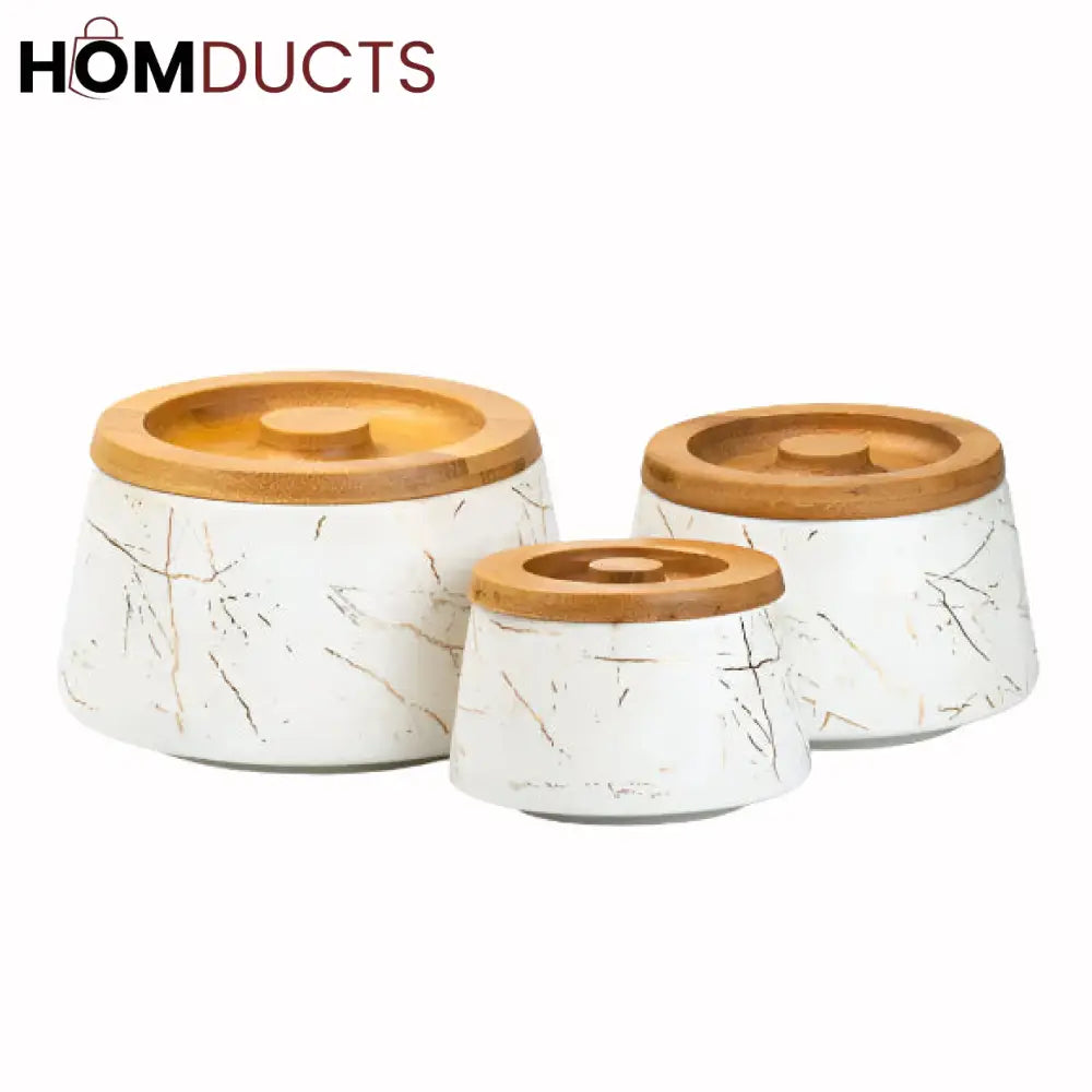 Set of 3 Ceramic Kitchen Storage Jars with Bamboo Lids