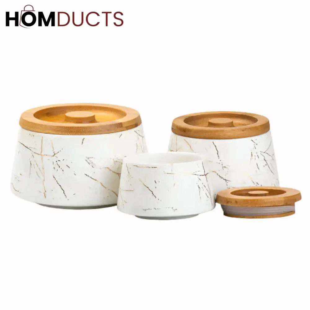 Set of 3 Ceramic Kitchen Storage Jars with Bamboo Lids