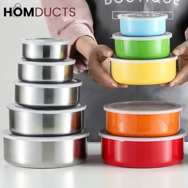 Set of 5 Multicolor Stainless Steel Food Storage Bowls with Airtight Lids – Stackable Kitchen Containers