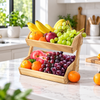 Two-tier bamboo fruit organizer in bright kitchen