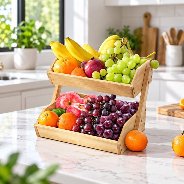 Two-tier bamboo fruit organizer in bright kitchen