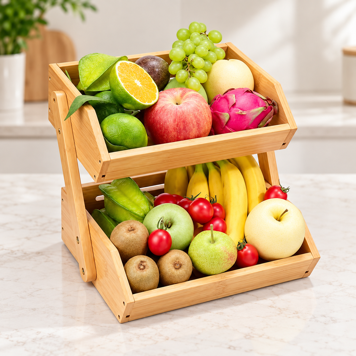 Natural bamboo fruit basket with two storage tiers