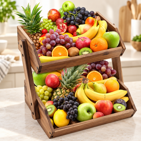 Wooden two-tier fruit display basket