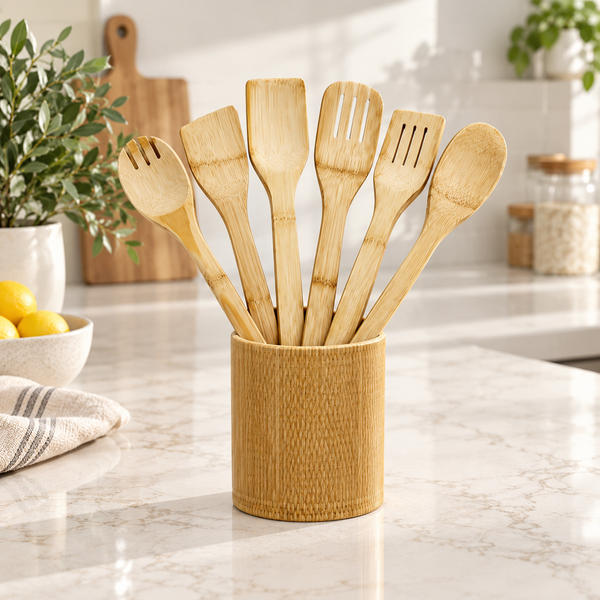 Seven-piece bamboo cooking utensil set with holder