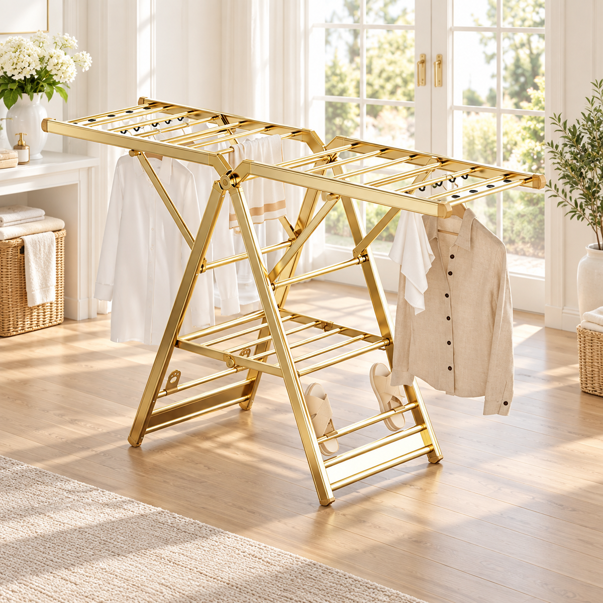 Gold stainless steel foldable clothes drying rack