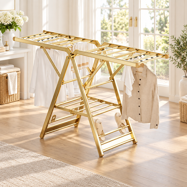 Gold stainless steel foldable clothes drying rack