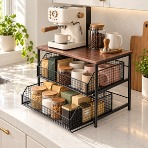 2-tier pull-out wire basket kitchen countertop organizer for coffee supplies and pantry storage