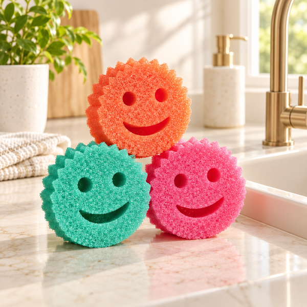 Three-pack colorful smile-face cleaning sponges
