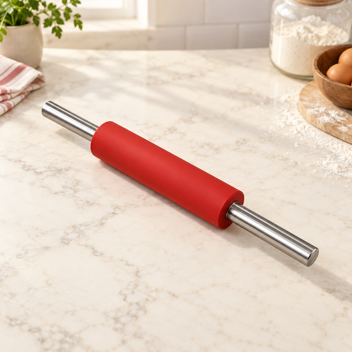 Premium silicone rolling pin with stainless steel handles