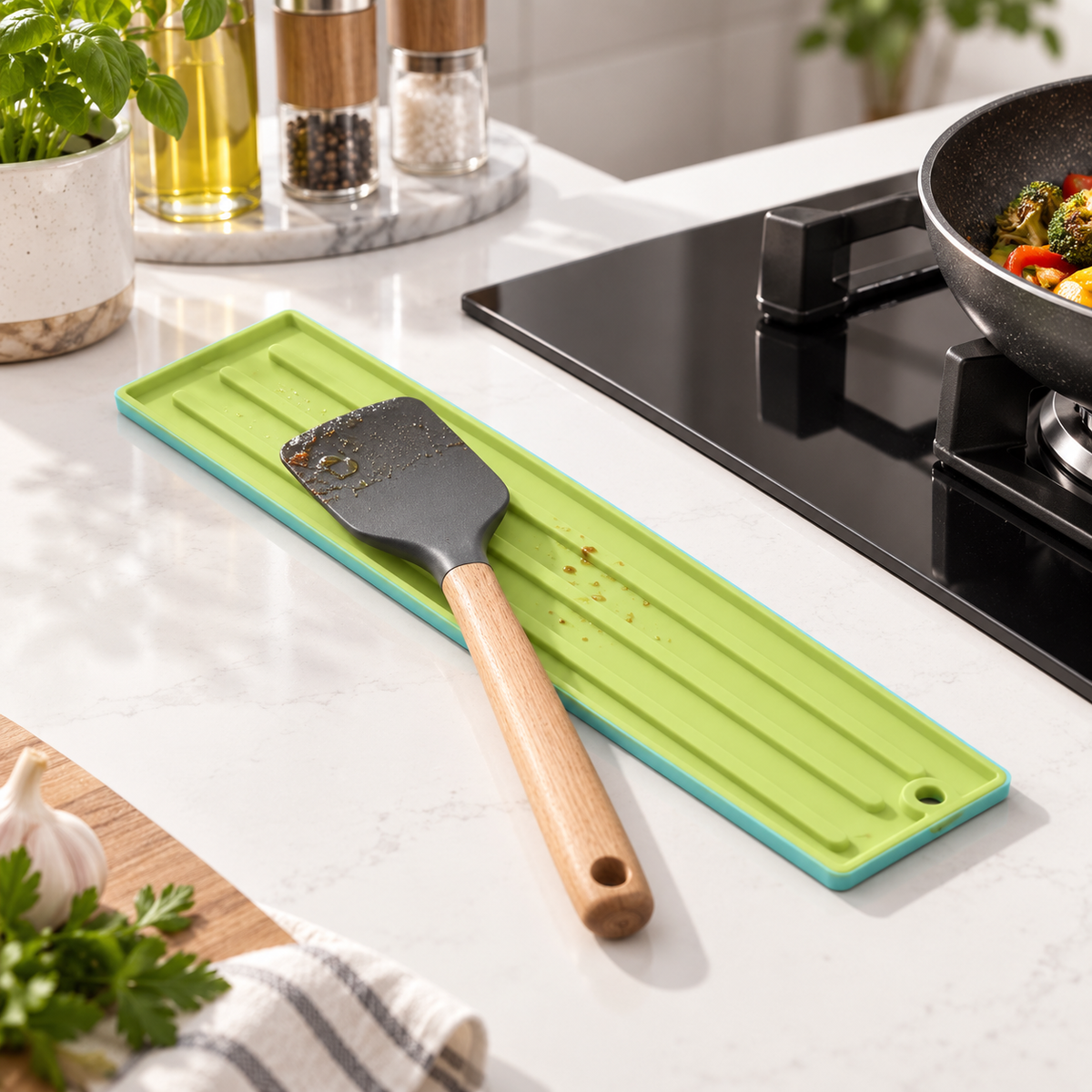 Heat-resistant silicone kitchen utensil holder lid rest and stove gap cover