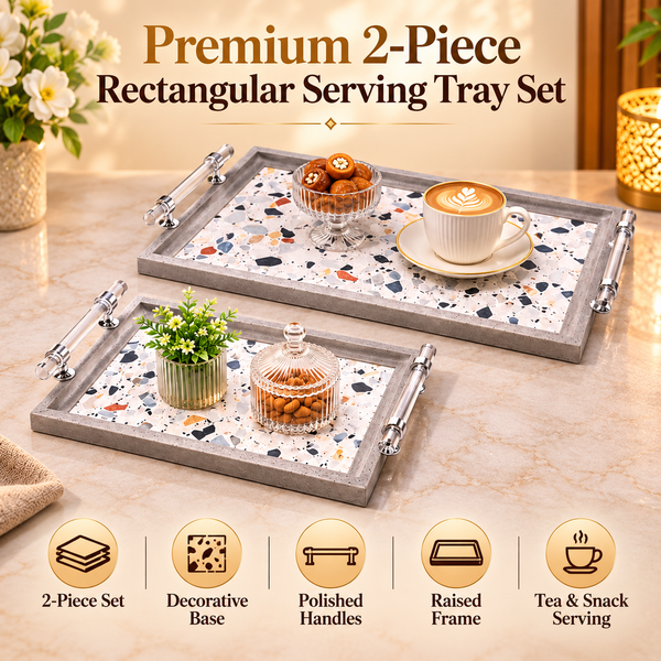 Premium Silver Decorative Rectangular Serving Tray Set – 2 Piece features and details