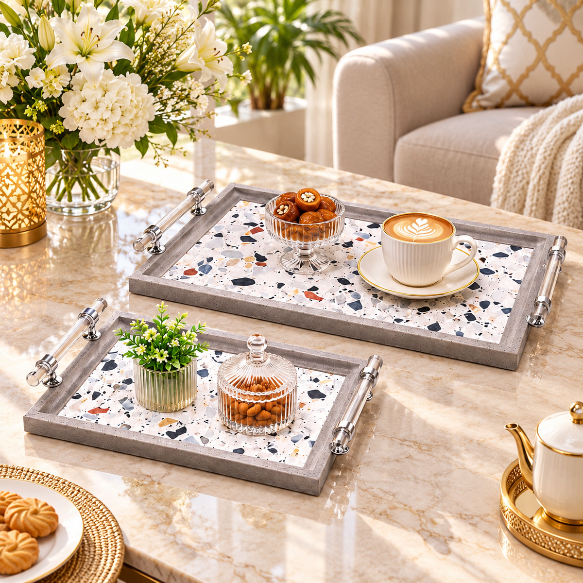 Premium Silver Decorative Rectangular Serving Tray Set – 2 Piece lifestyle image