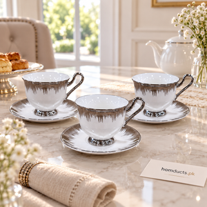 Luxury silver drip curved cup and saucer 6 piece set