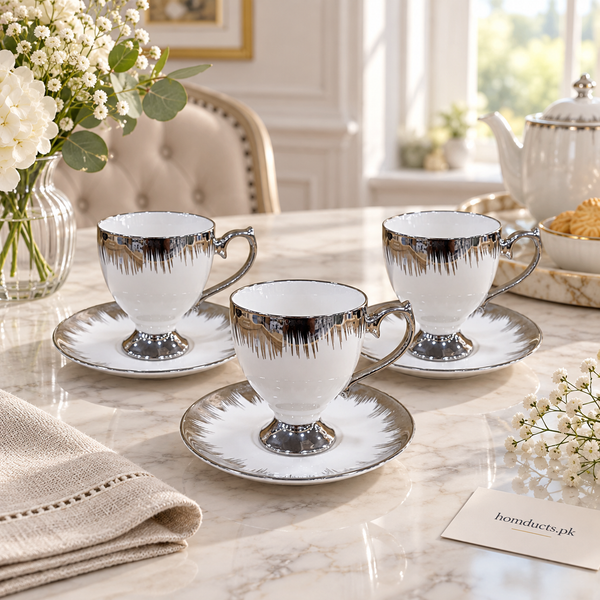 Luxury silver drip footed cup and saucer 6 piece set