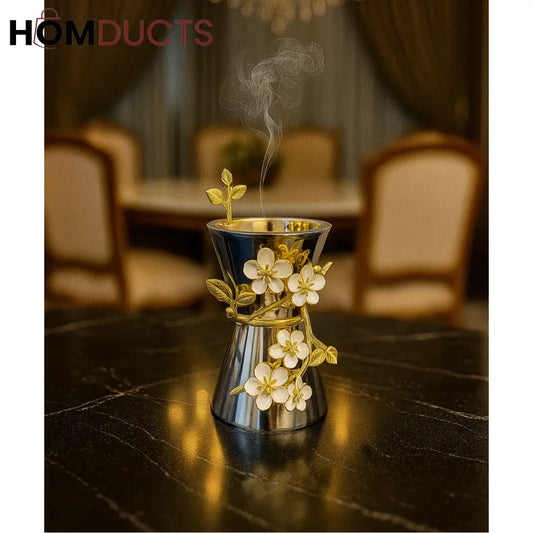 Silver Floral Incense Burner – Luxury Metal Aromatherapy Holder with Golden Flower Design