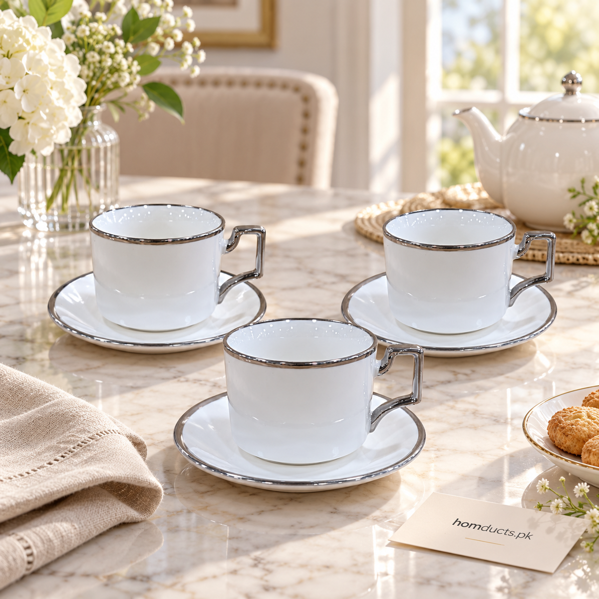 Modern silver rim square handle cup and saucer 6 piece set