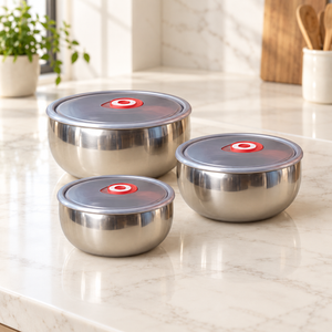 Silver stainless steel food storage bowl set with lids